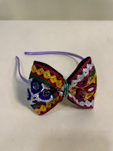 Chogada Hairband with colorful mirror work and embroidered bow, perfect Navratri hair accessory for Garba nights. Handcrafted festive headband.