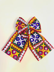 Chogada Pigtail Bow with multicolor embroidery and mirror accents, a festive hair pin accessory for girls during Navratri season.
