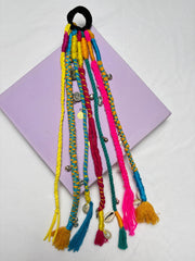 Navratri Hair Tassels - Shades of Blue scrunchie with multicolored braided cords, beads, and bells for festive Garba nights.