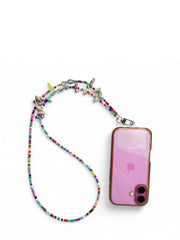 Colorful Arendelle Navratri phone sling attached to a pink phone case, combining vibrant beads and ethnic charm for cultural celebrations.