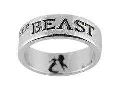 Her Beast ring with engraved text and wolf silhouette