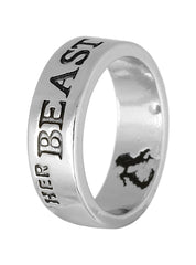 Close-up of Her Beast ring with engraved message and wolf design