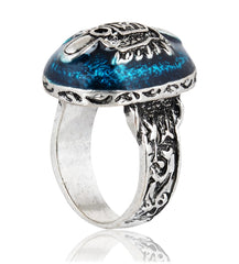 Silver ring featuring blue gemstone and vampire logo jewelry for Vampire Diaries support