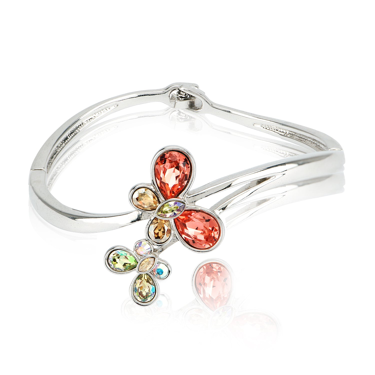 Genuine Swarovski Elements Butterfly Statement Bracelet with multicolor crystals in butterfly design on silver-tone band, ideal for elegant wear.