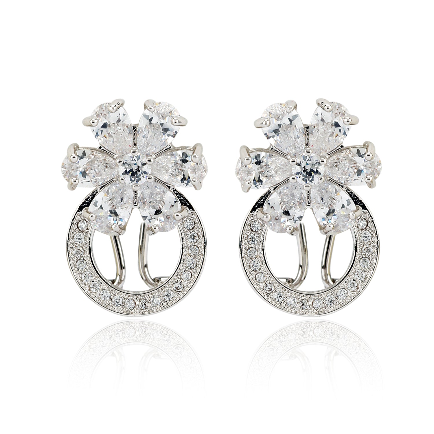 Cubic Zirconia and Brass Flower Loop Silver Earrings with petal-shaped stones and circular pavé design, ideal for elegant jewelry collections.