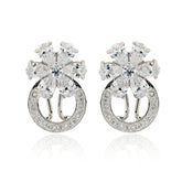 Cubic Zirconia and Brass Flower Loop Silver Earrings with petal-shaped stones and circular pavé design, ideal for elegant jewelry collections.