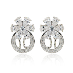 Cubic Zirconia and Brass Flower Loop Silver Earrings with petal-shaped stones and circular pavé design, ideal for elegant jewelry collections.