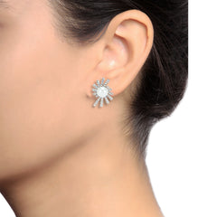 Model wearing Swarovski Elements Pearl Stud Earrings showcasing their size and sparkle, ideal for showcasing jewelry fit and elegance.