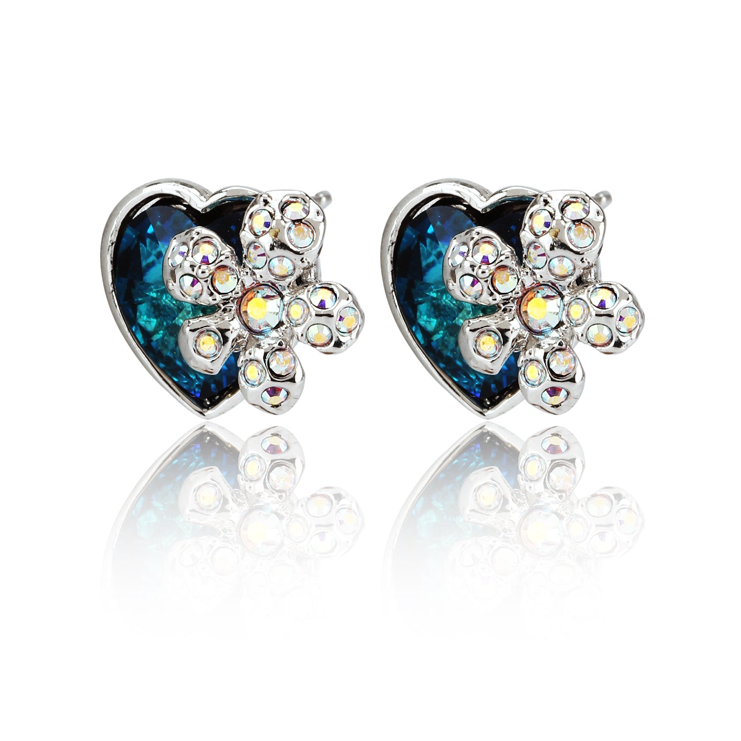 Genuine Swarovski Elements Blue Heart and Studded Flower Earrings featuring deep blue heart crystals and sparkling floral studs in silver-tone setting.