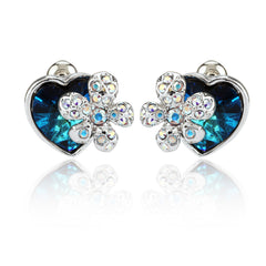 Elegant Swarovski Blue Heart Earrings with shimmering studded flower design, perfect for adding sparkle to any jewelry collection or gift occasion.