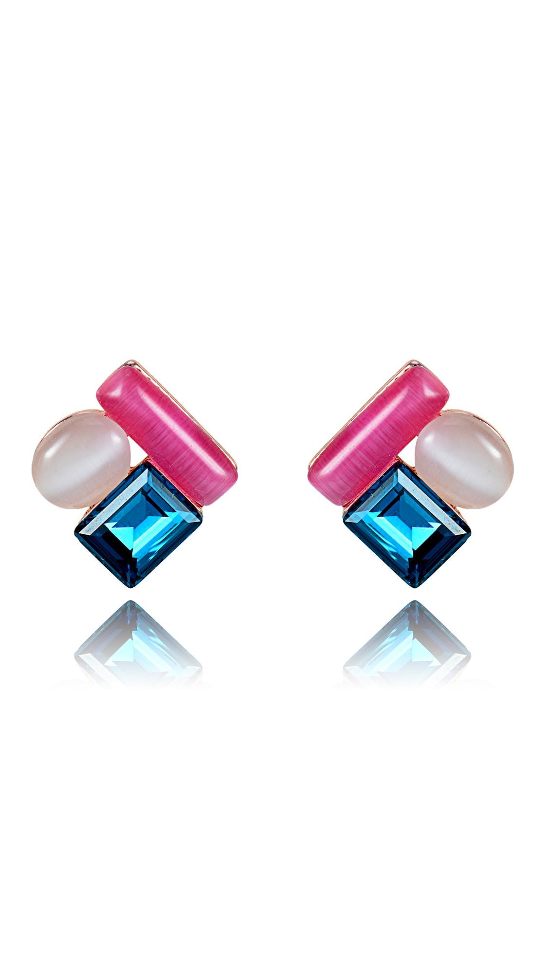 Imitation Opal Stud Earrings with pink, blue, and opal-inspired stones in a geometric design. Elegant opal design for versatile wear.