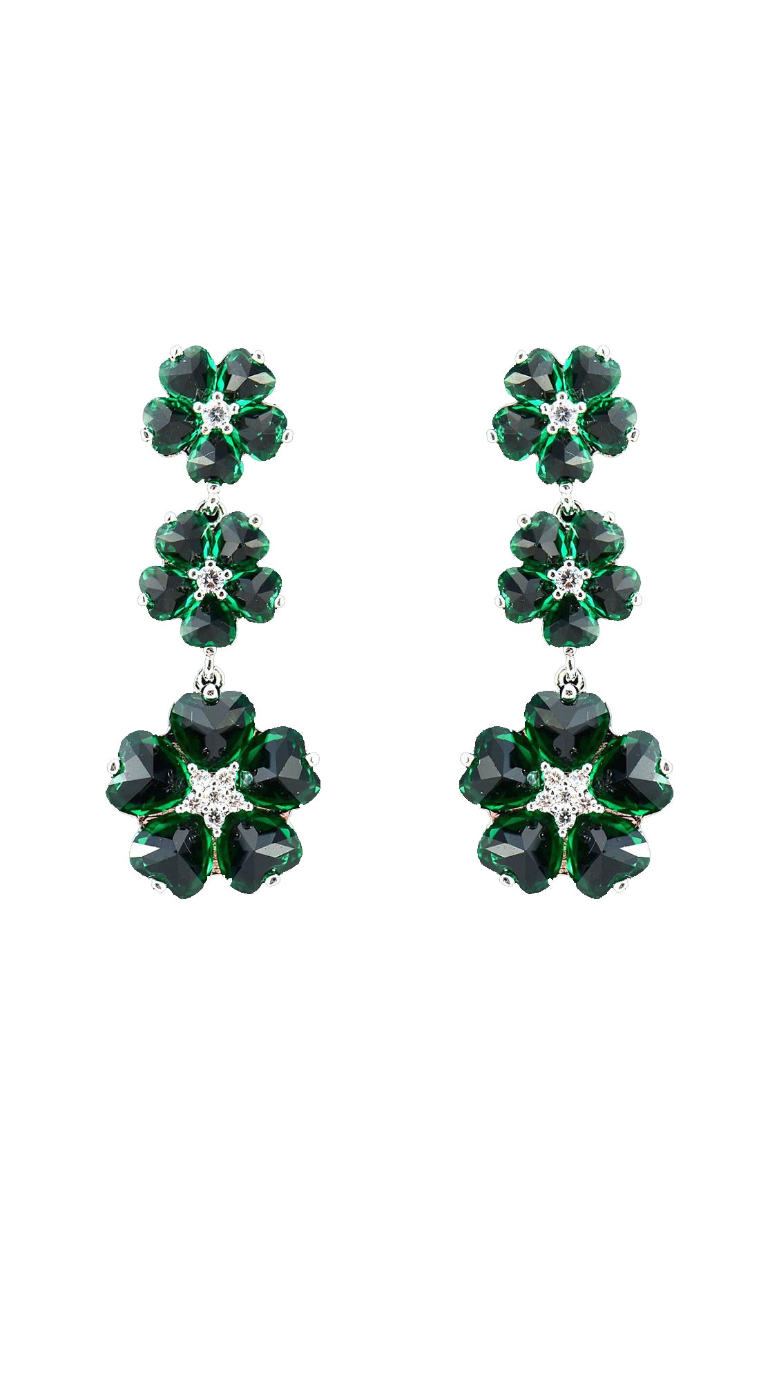 Cubic Zirconia Green Emerald Dangle and Drop Earrings with floral design on white background. Elegant jewelry set for formal and casual wear.