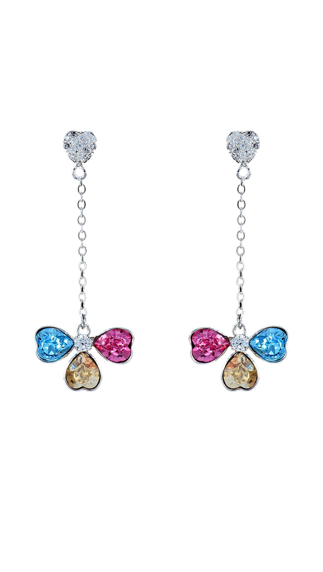 Genuine Swarovski Elements Colourful Dangle and Drop Earrings with heart-shaped crystals in blue, pink, and champagne on a silver chain. Swarovski Dangle Earrings - Colorful Crystals add vibrant sparkle to any jewelry collection.