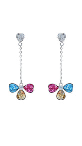 Genuine Swarovski Elements Colourful Dangle and Drop Earrings with heart-shaped crystals in blue, pink, and champagne on a silver chain. Swarovski Dangle Earrings - Colorful Crystals add vibrant sparkle to any jewelry collection.