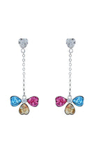 Genuine Swarovski Elements Colourful Dangle and Drop Earrings with heart-shaped crystals in blue, pink, and champagne on a silver chain. Swarovski Dangle Earrings - Colorful Crystals add vibrant sparkle to any jewelry collection.