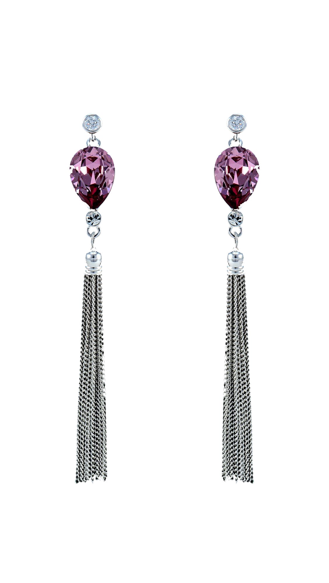 Genuine Swarovski Elements Wine Dangle and Drop Earrings with heart-shaped wine crystals and silver tassels, ideal for elegant daily or event wear.