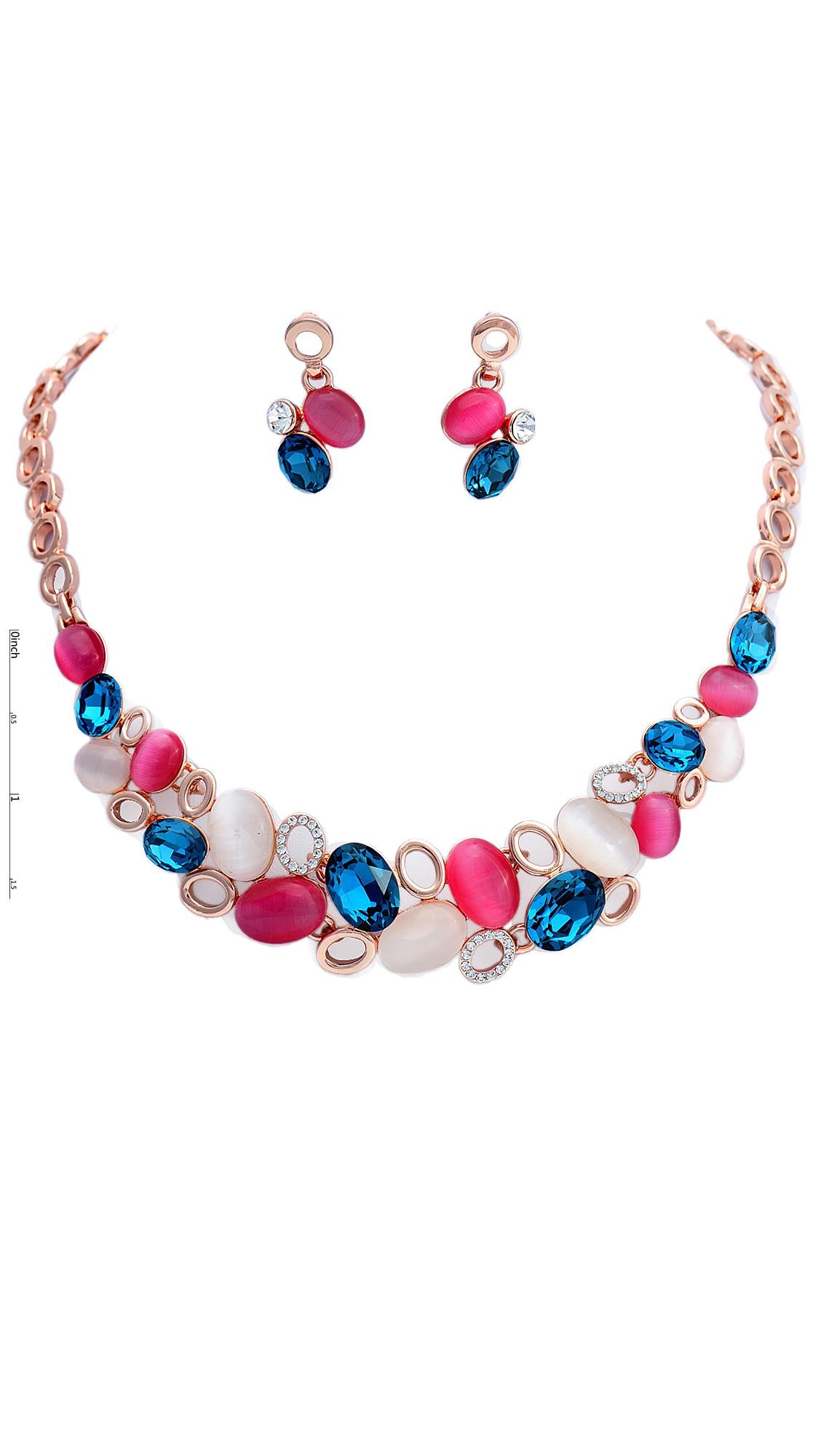 Opal Necklace Set - Imitation Jewelry for Women featuring pink, blue, and white stones with matching earrings. Statement jewelry for elegant styling.