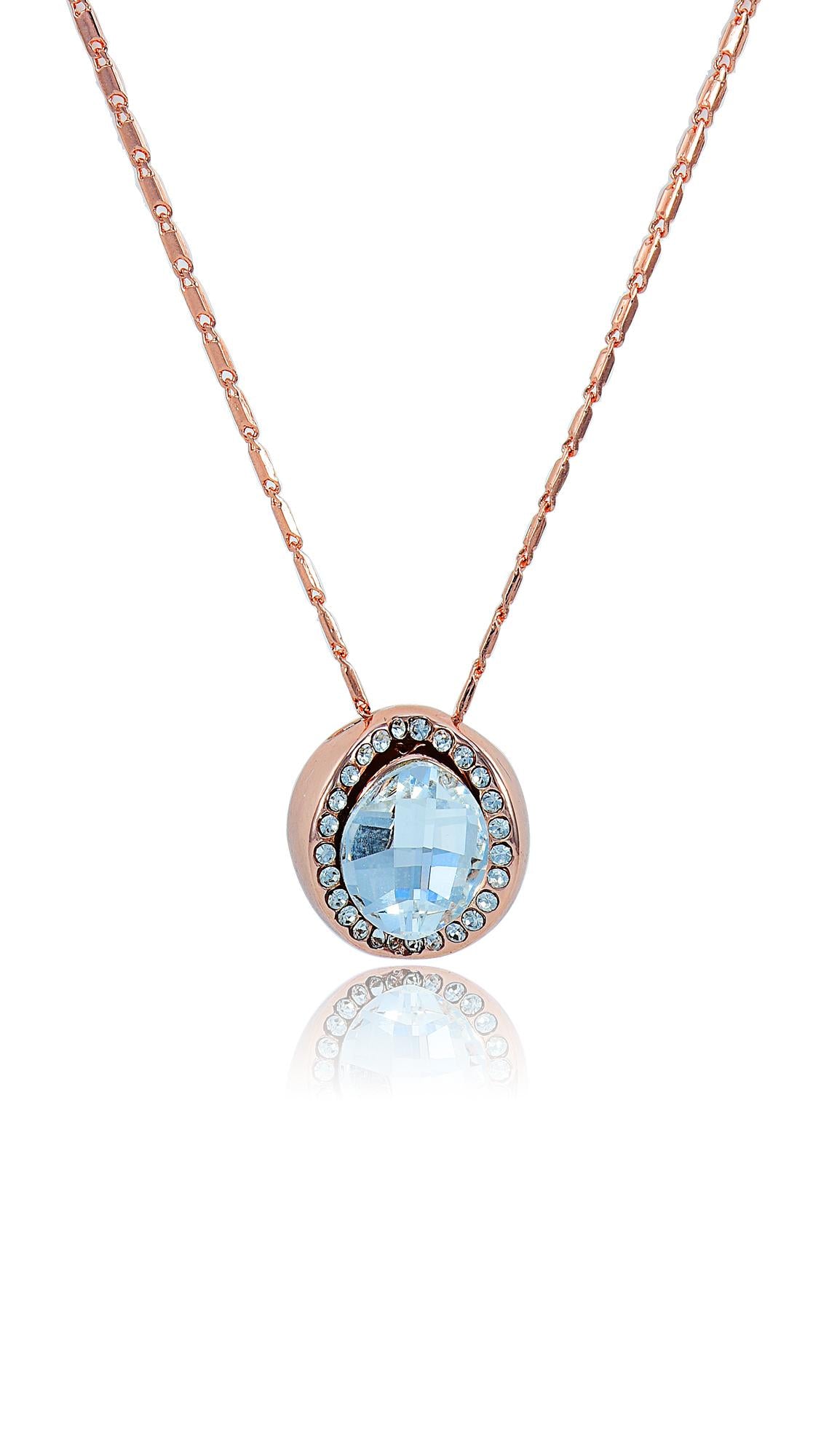Genuine Swarovski Elements Evils Eye Rose Gold Pendant featuring a sparkling blue crystal center surrounded by clear Swarovski accents on a rose gold chain.