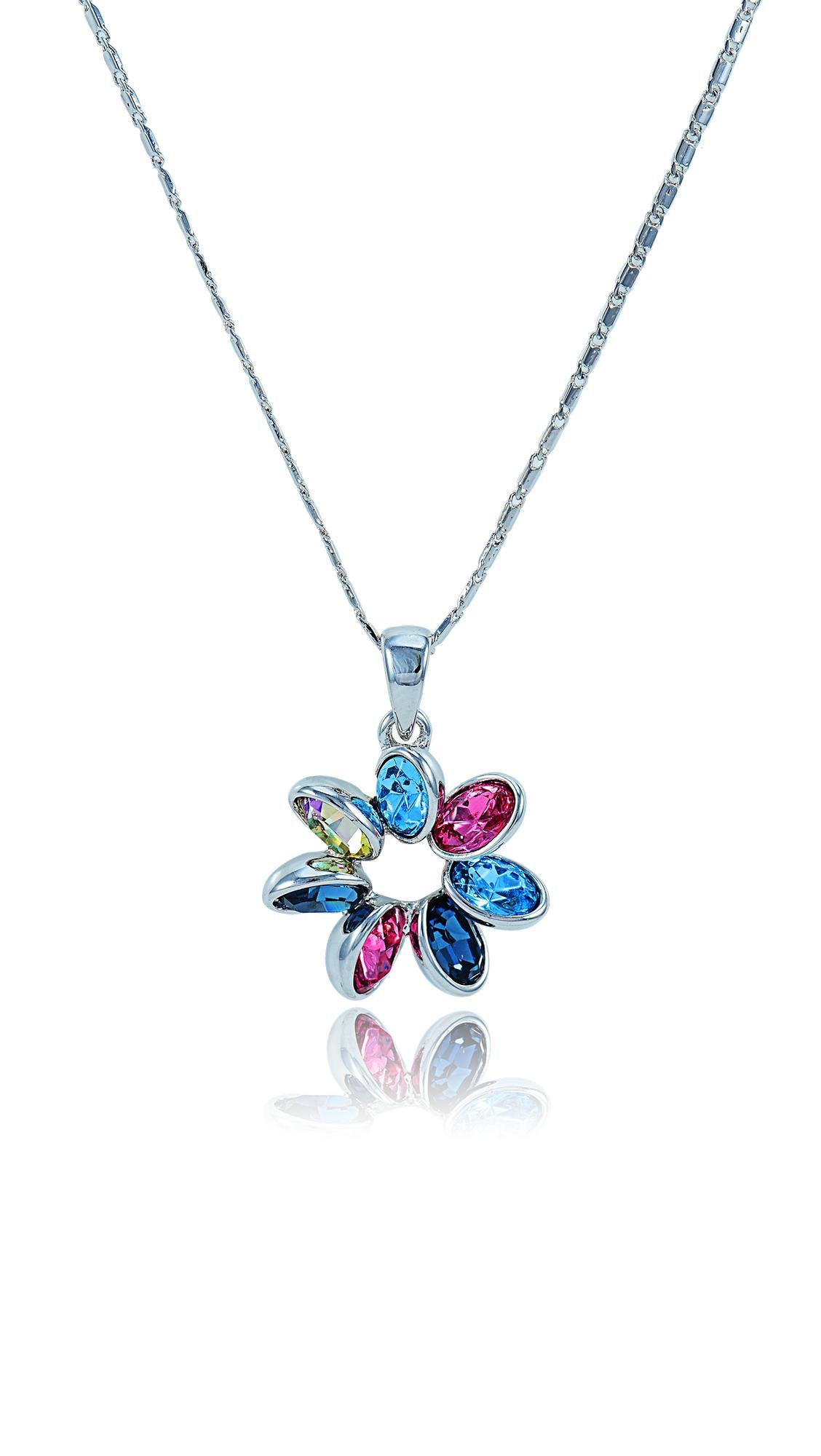 Swarovski Colorful Petals Pendant featuring genuine multicolored crystals in a floral design on a silver chain. Ideal for elegant or casual wear.