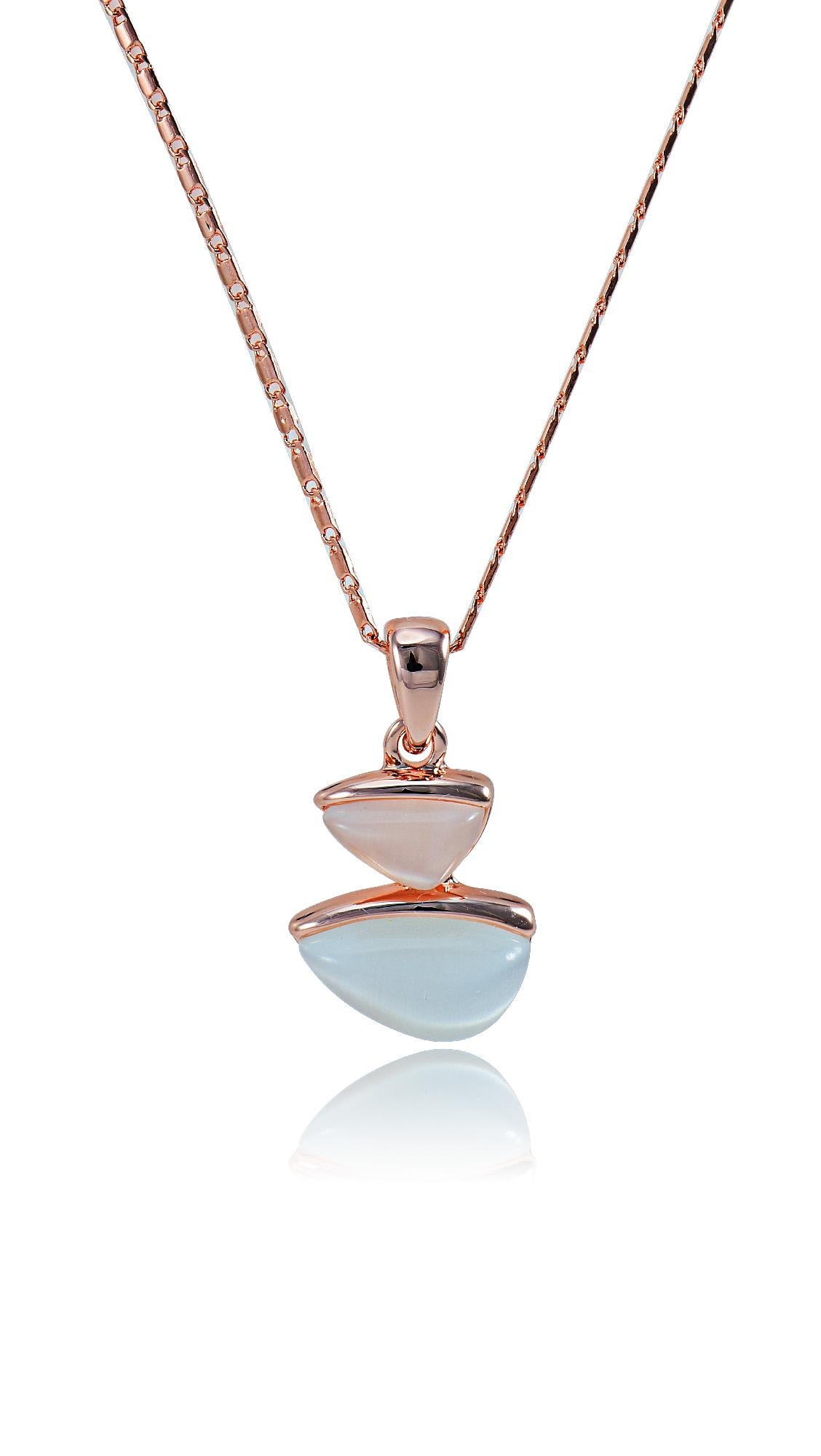Imitation opal pendant with rose gold chain featuring a minimalist double-drop design. Elegant and versatile for everyday or formal wear.