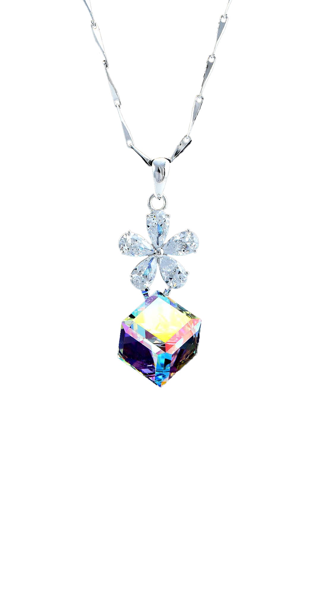 Genuine Swarovski Elements Flower and Drop Pendant featuring a crystal flower above a multicolor cube drop on a silver chain. Ideal for elegant jewelry sets.