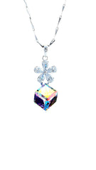 Genuine Swarovski Elements Flower and Drop Pendant featuring a crystal flower above a multicolor cube drop on a silver chain. Ideal for elegant jewelry sets.