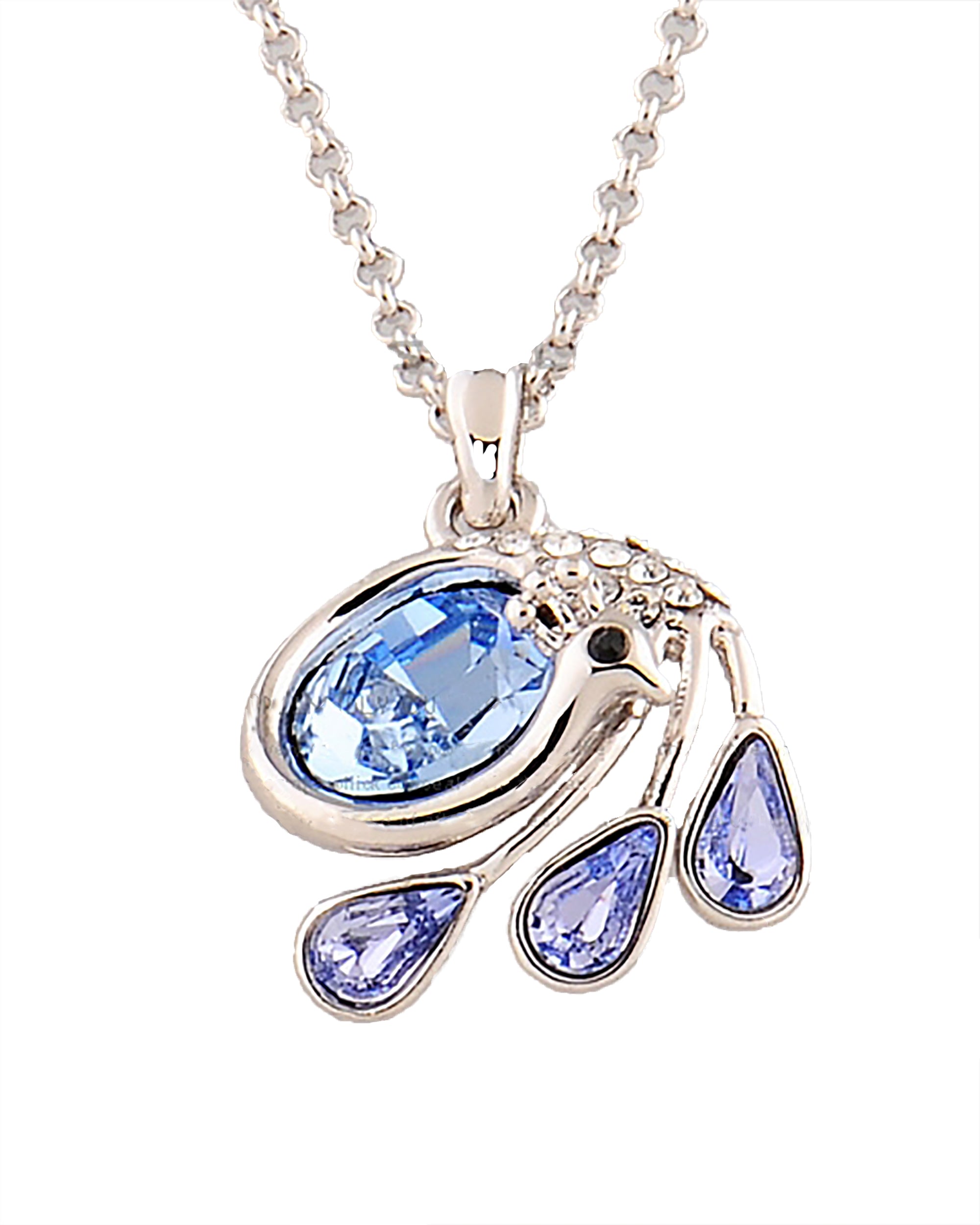 Genuine Swarovski Swan Pendant featuring a silver-tone swan with blue crystal body and teardrop accents. A graceful jewelry set for elegant styling.