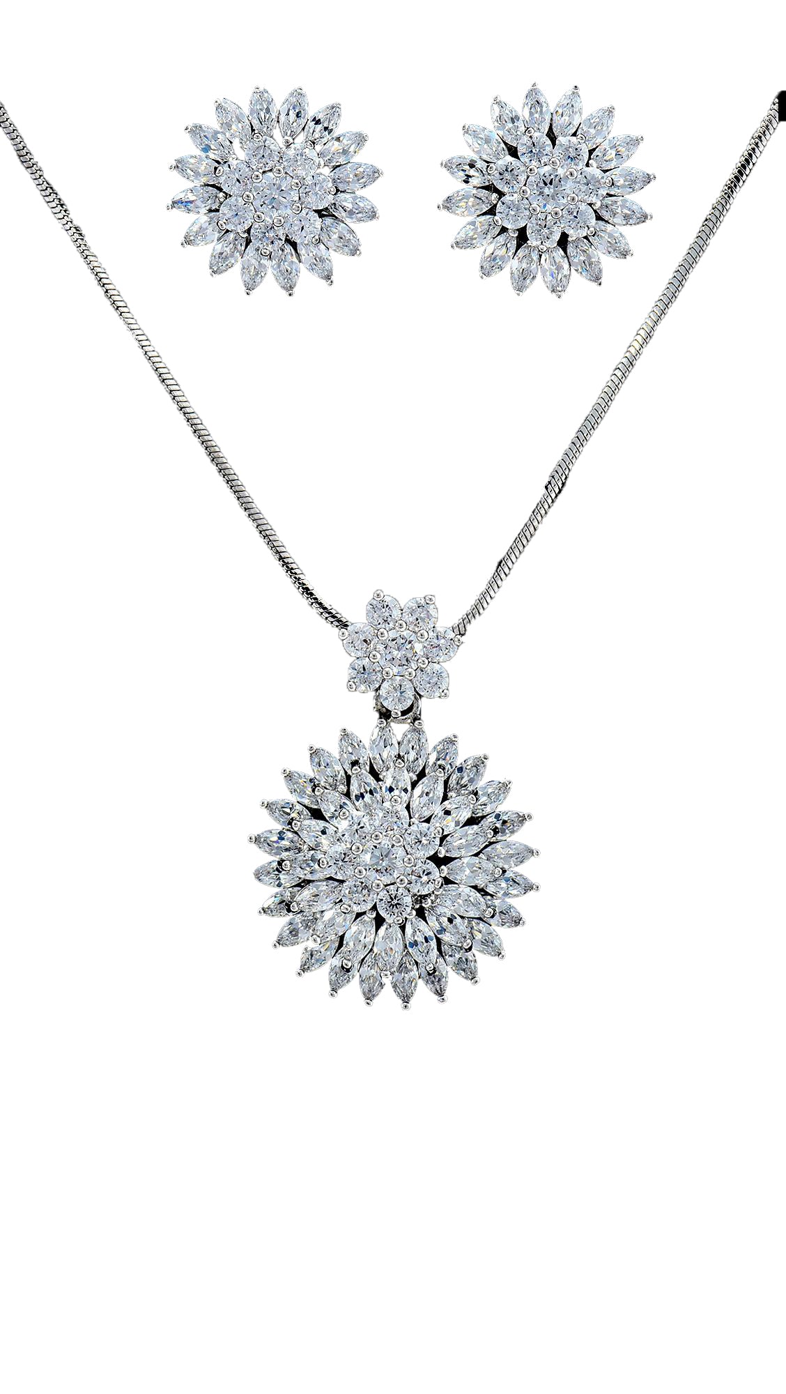 Cubic Zirconia Jewelry Set - Pendant & Studs featuring a floral design with sparkling stones, ideal for elegant occasions and formal wear.