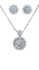 Cubic Zirconia Jewelry Set - Pendant & Studs featuring a floral design with sparkling stones, ideal for elegant occasions and formal wear.