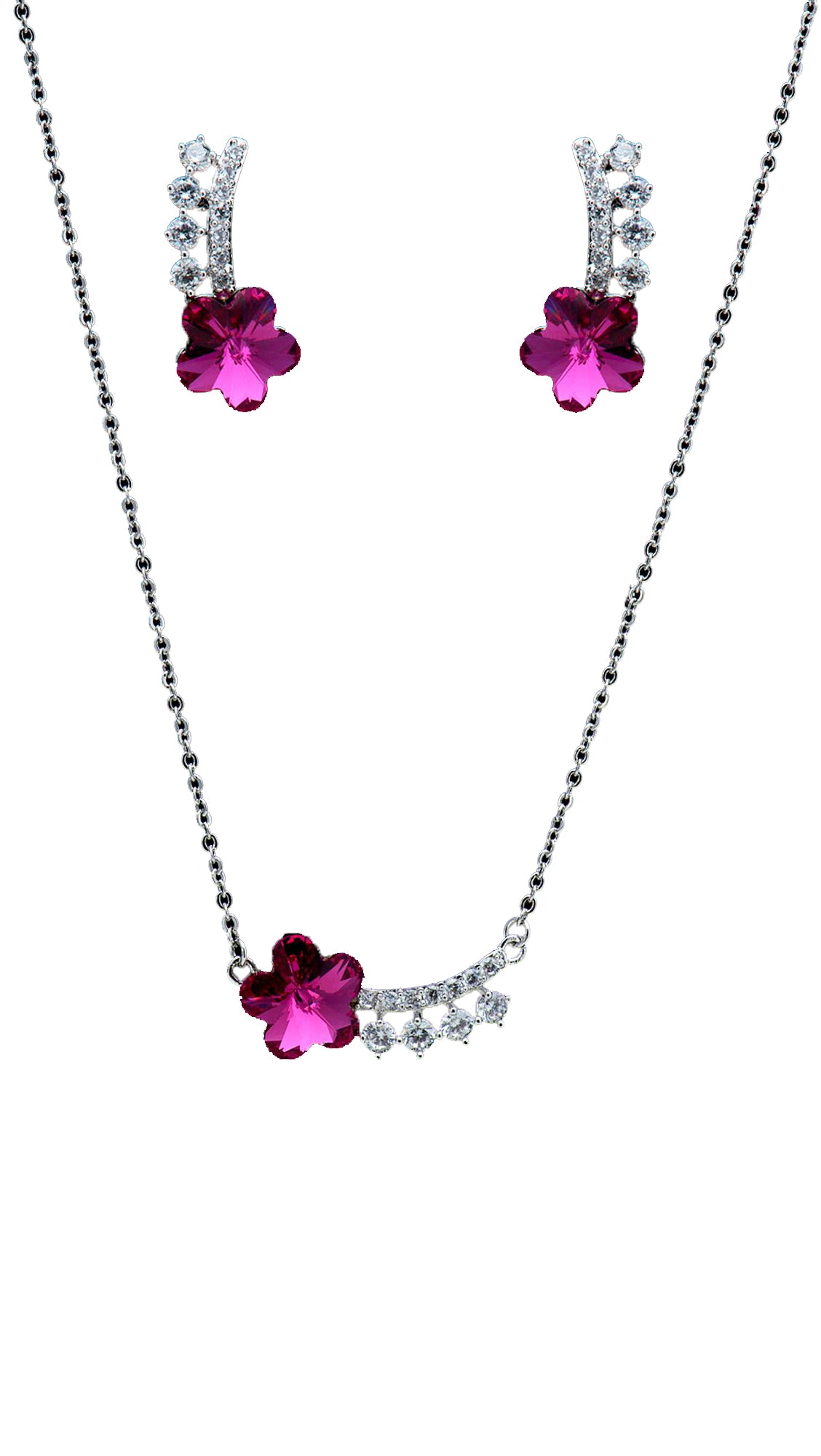 Swarovski Pink Flower Set with pendant and earrings featuring genuine Swarovski Elements in floral design, ideal for weddings or gifts.