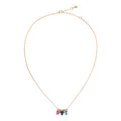 Full view of Swarovski Elements necklace with three colorful crystals on a delicate rose gold chain. Stylish accessory for women.