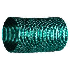 Stacked Green Metal Bangles Set (36 Pcs) with detailed texture, crafted for durability and comfort in girls' jewelry collections.
