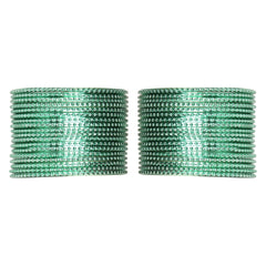 Close-up view of Arendelle Kids mint green metal bangles set, featuring 36 lightweight pieces for girls' jewelry collections.