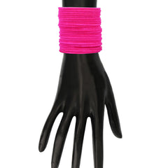 Rani Pink Velvet Bangles Set worn on mannequin hand, showcasing vibrant color and snug fit. Stylish accessory for traditional outfits.