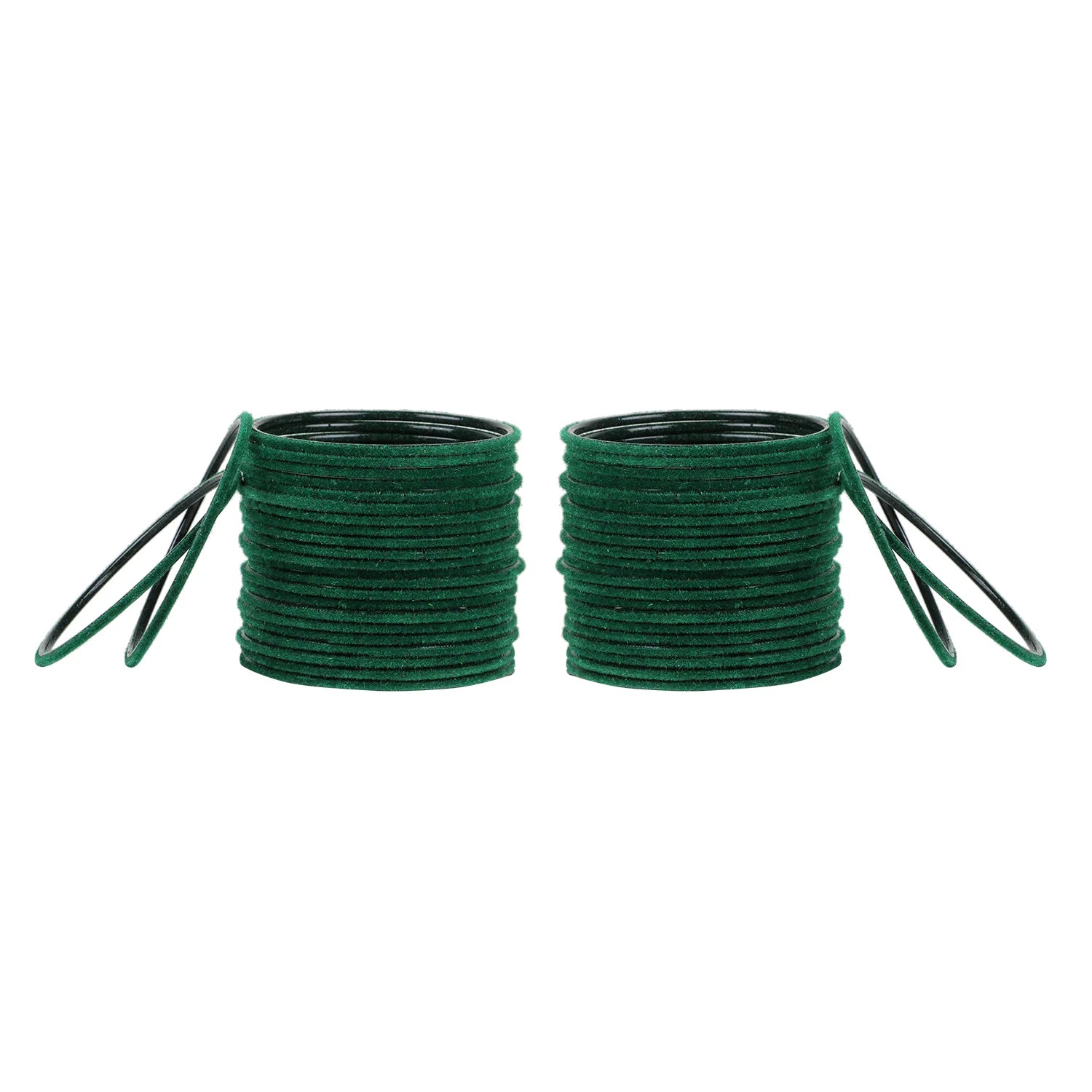 Dark green velvet metal bangles set of 48 pieces displayed in two stacks, part of the Velvet Metal Bangles Set in 16 colors and 7 sizes.