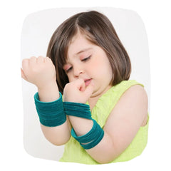 Child wearing Sea Green Velvet Bangles from 48 Piece Velvet Set, showcasing soft texture and vibrant color for stylish kids' jewelry.