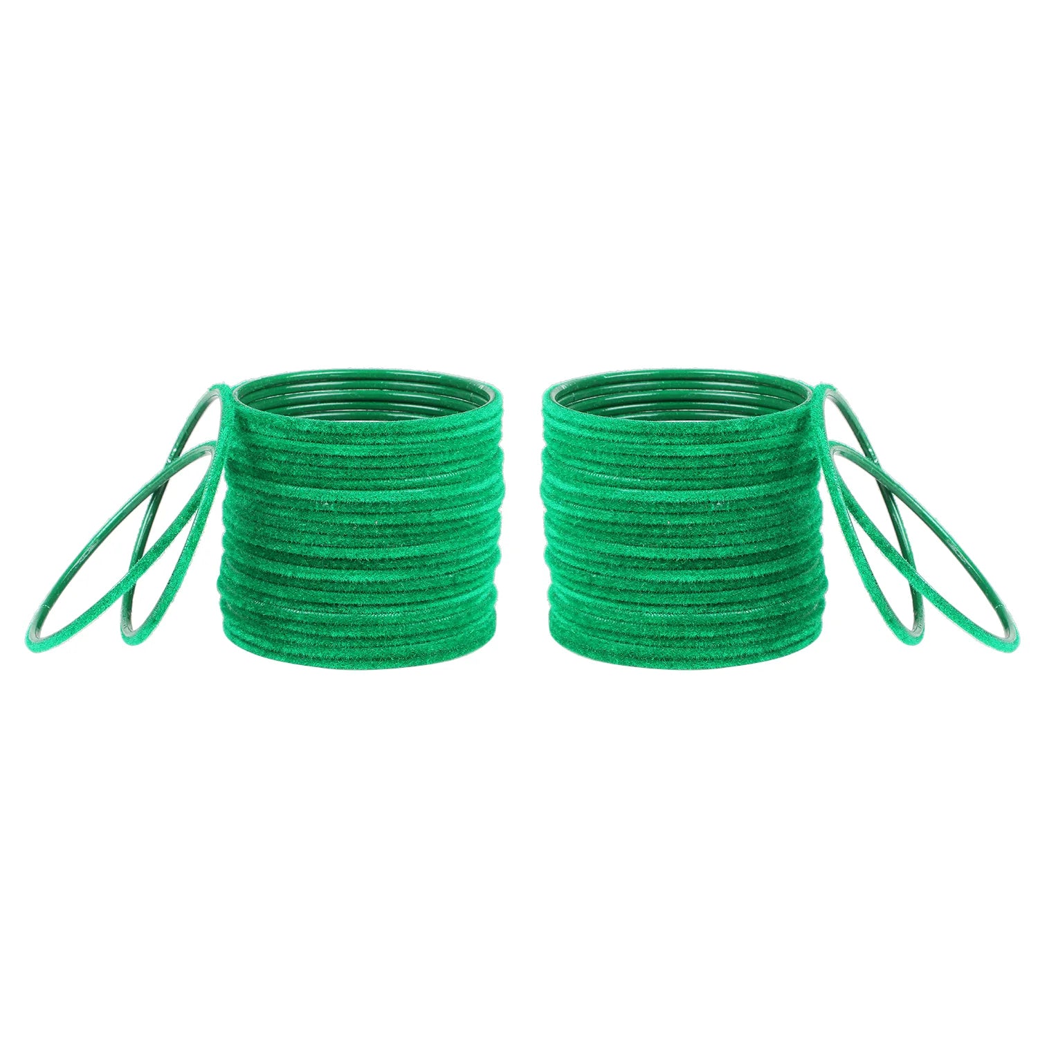 Set of 48 velvet bangles in emerald green from Arendelle Kids, displayed in two neat stacks. Traditional and lightweight jewelry for girls.