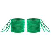 Set of 48 velvet bangles in emerald green from Arendelle Kids, displayed in two neat stacks. Traditional and lightweight jewelry for girls.