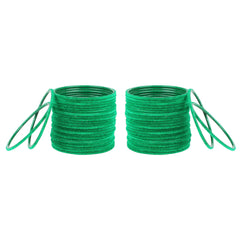 Set of 48 velvet bangles in emerald green from Arendelle Kids, displayed in two neat stacks. Traditional and lightweight jewelry for girls.