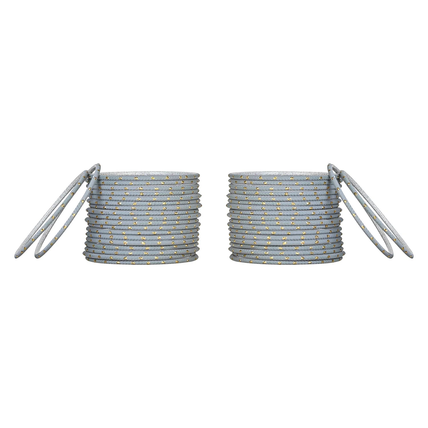 Set of 48 grey metal bangles for girls with golden bead detailing, displayed in two equal stacks. Stylish jewelry from Arendelle Kids.