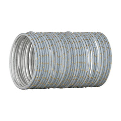 Angled view of 48 grey metal bangles for girls featuring gold bead embellishments. Fashionable accessory set from Arendelle Kids.