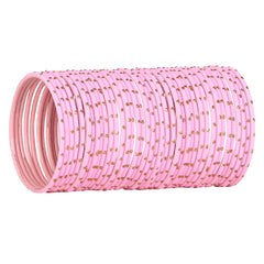 Side angle of Arendelle Kids' light pink metal bangles set, showing stacked design and gold embellishments for girls' jewelry collection.