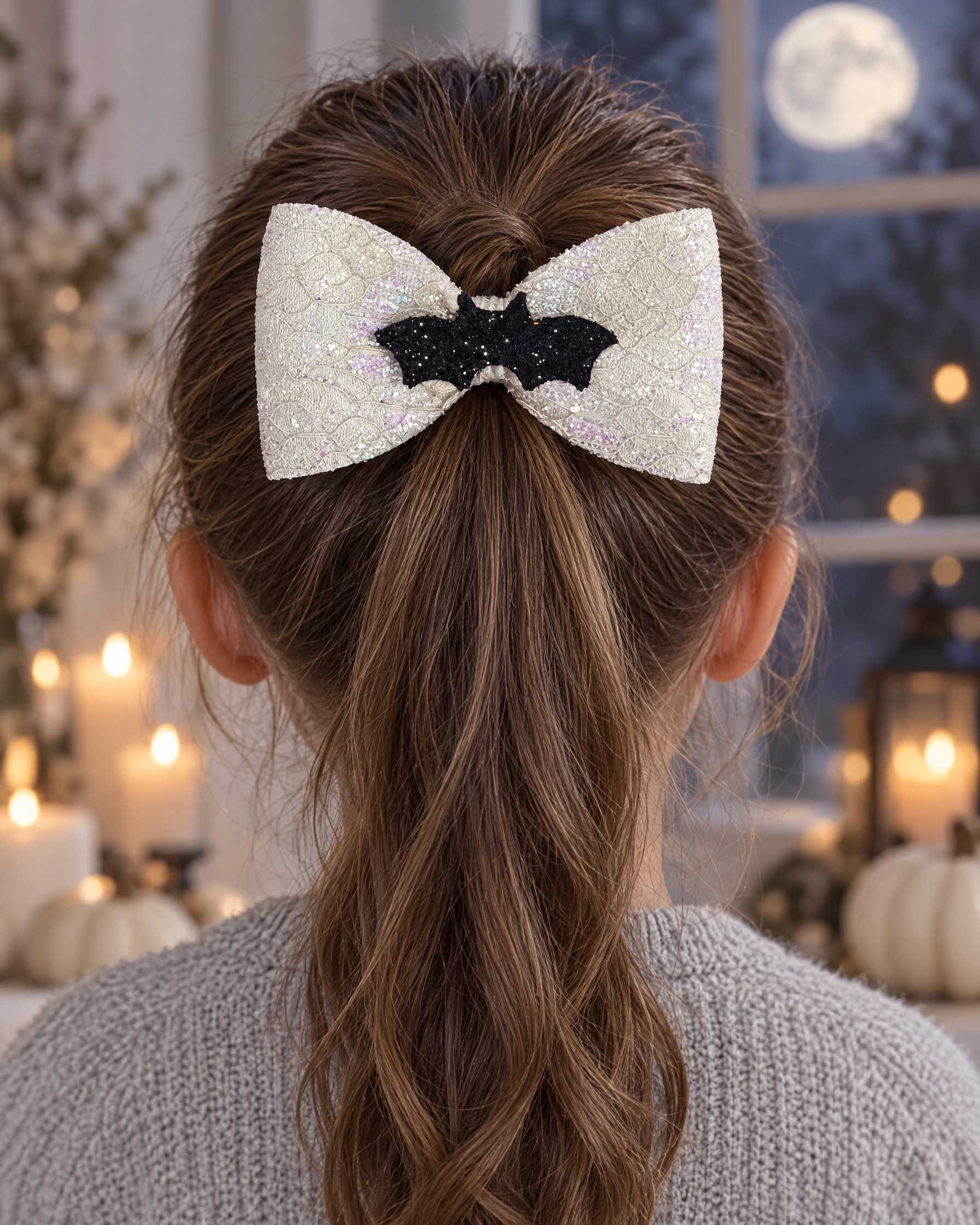 Moonlight Bat ivory lace glitter bat hair bow on a girl's ponytail