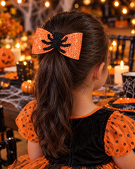 Girl at a Halloween party wearing the Itsy Spider hair bow