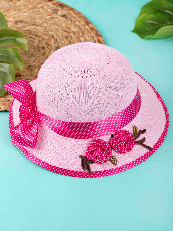 Arendelle Woven Fedora Pink Ribbon Flowers Sun Hat for Girls [AMS016]