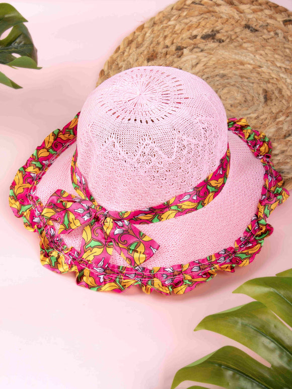 Arendelle Woven Fedora Pink Floral Ribbon Sun Hat for Girls [AMS019]