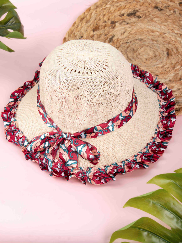 Arendelle Woven Fedora Red Floral Ribbon Sun Hat for Girls [AMS020]