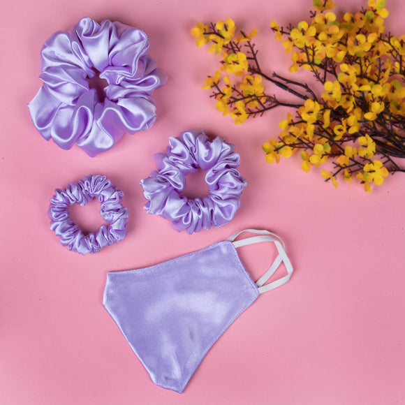 Pack of 3 Lilac Satin Scrunchies in Skinny, Medium and Large Size with Matching Mask