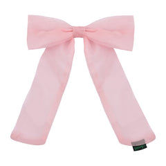 Standalone pink large organza hair bow with long tail, perfect for accessorizing formal or casual hairstyles.