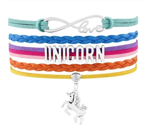 Colorful Multi-Strand Leather Unicorn Charm Bracelet – Adjustable Fantasy Jewelry [ABR024]